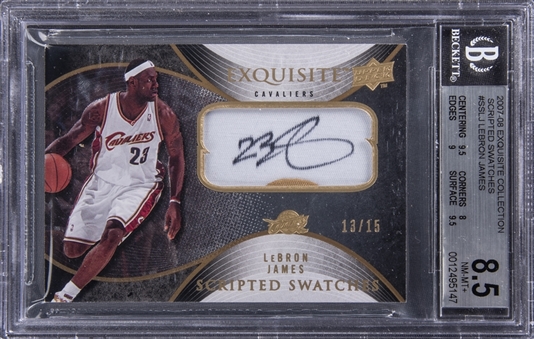 2007-08 UD "Exquisite Collection" Scripted Swatches #SSLJ LeBron James Signed Game Used Patch Card (#13/15) – BGS NM-MT+ 8.5/BGS 10